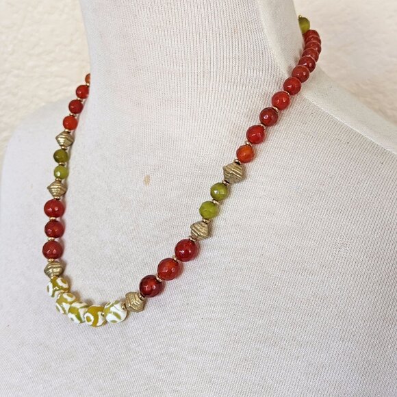 Southwestern Burnt Orange Carnelian & Lime Green Evil Eye Agate Strand Necklace - Picture 2 of 3